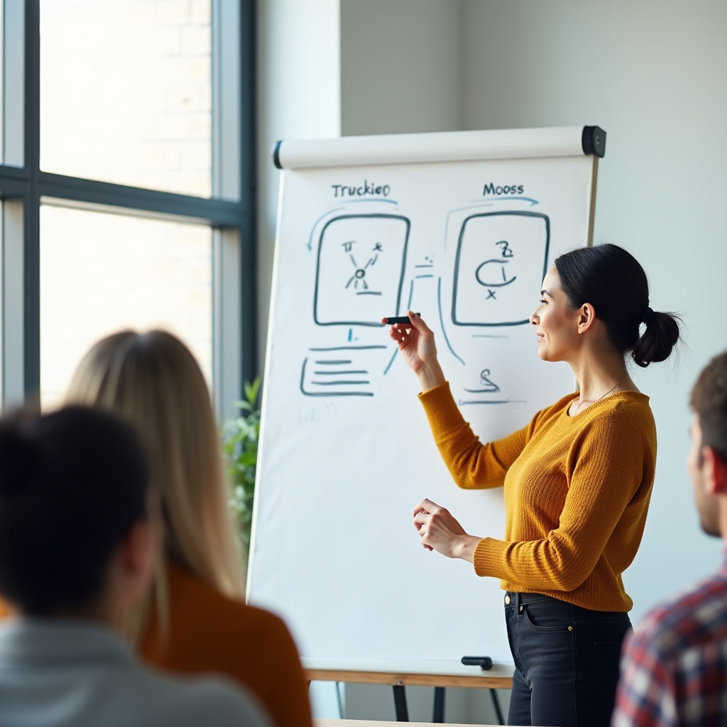 Führungskraft erklärt an einem Whiteboard den Unterschied zwischen Beförderung und Weiterentwicklung