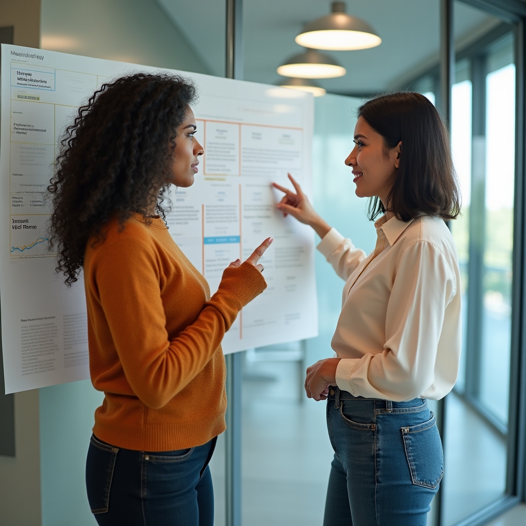 Zwei Kolleginnen besprechen laterale Karriereschritte anhand eines Organigramms