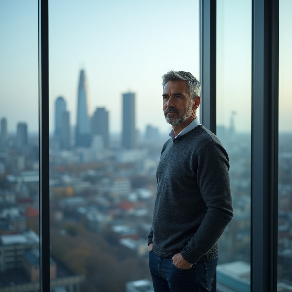 Berufstätiger blickt nachdenklich aus einem Bürofenster auf die Frankfurter Skyline