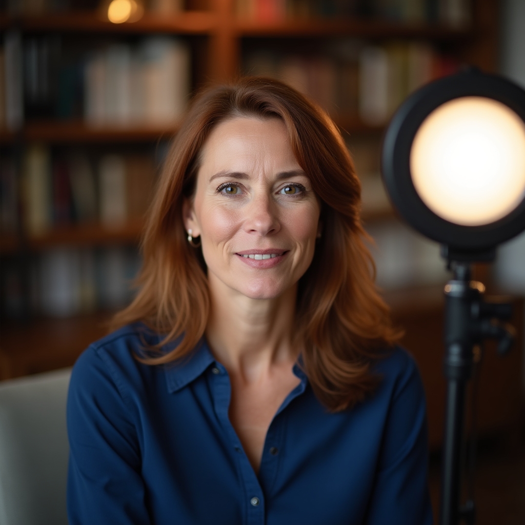 Frau mittleren Alters spricht ruhig in eine Kamera während der Aufnahme eines Webinars