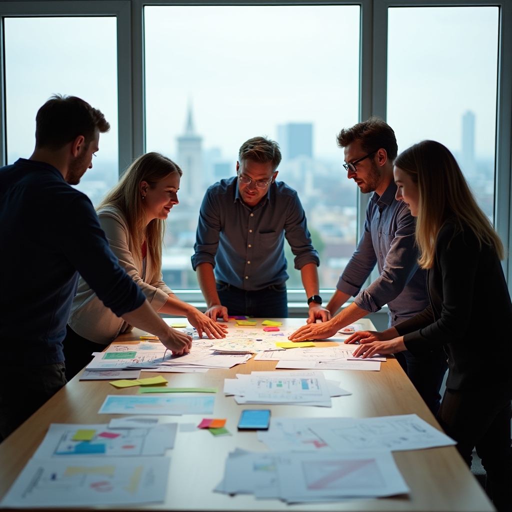 Gruppe von Berufstätigen im Austausch während eines Workshops in einem Büro mit großen Fenstern