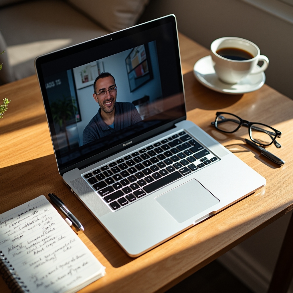 Rückblick auf ein aufgezeichnetes Webinar mit Bildschirm und Notizen auf einem Schreibtisch